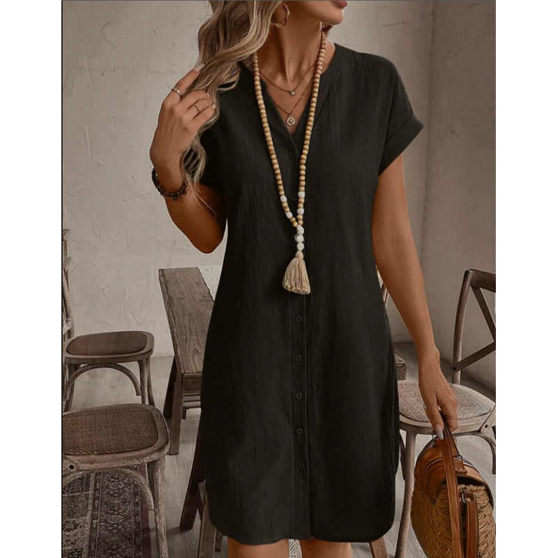 👗🌿 Avslappnad linne-bomull skjortklänning i enfärgad stil – Sval, Bekväm & Perfekt för Sommaren ✨