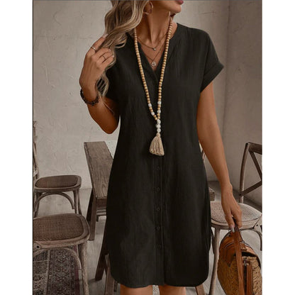 👗🌿 Avslappnad linne-bomull skjortklänning i enfärgad stil – Sval, Bekväm & Perfekt för Sommaren ✨