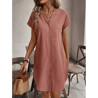 👗🌿 Avslappnad linne-bomull skjortklänning i enfärgad stil – Sval, Bekväm & Perfekt för Sommaren ✨