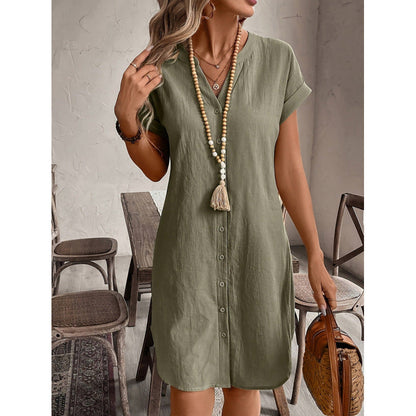 👗🌿 Avslappnad linne-bomull skjortklänning i enfärgad stil – Sval, Bekväm & Perfekt för Sommaren ✨