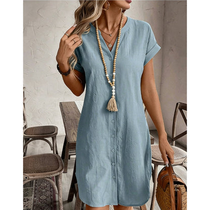 👗🌿 Avslappnad linne-bomull skjortklänning i enfärgad stil – Sval, Bekväm & Perfekt för Sommaren ✨