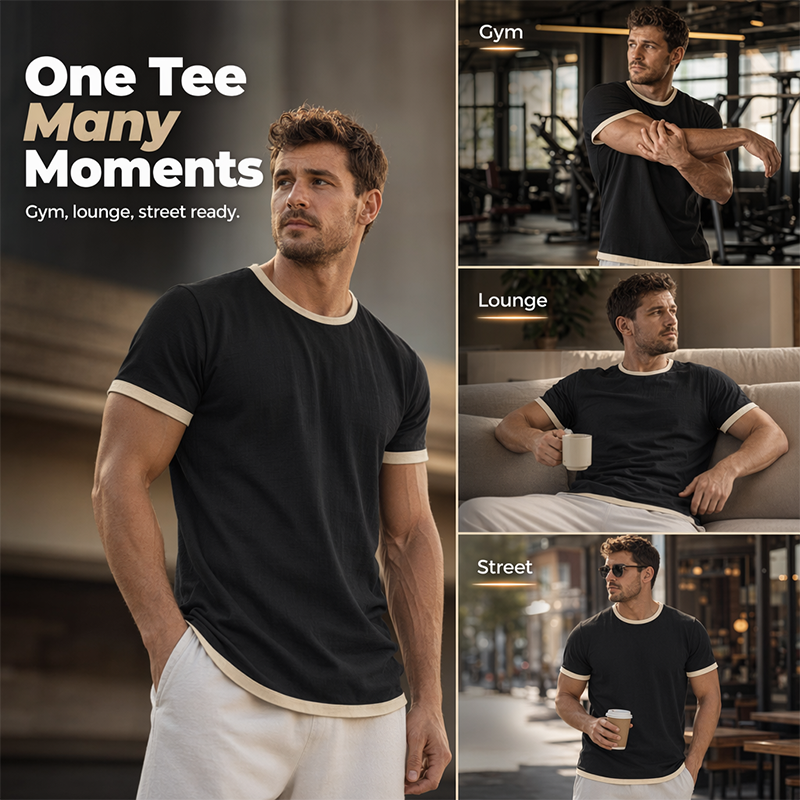 👕🔥 Mångsidig herr-T-shirt med kontrastdetaljer för vardag– Sval, Enkel & Perfekt för Vardagen ✨