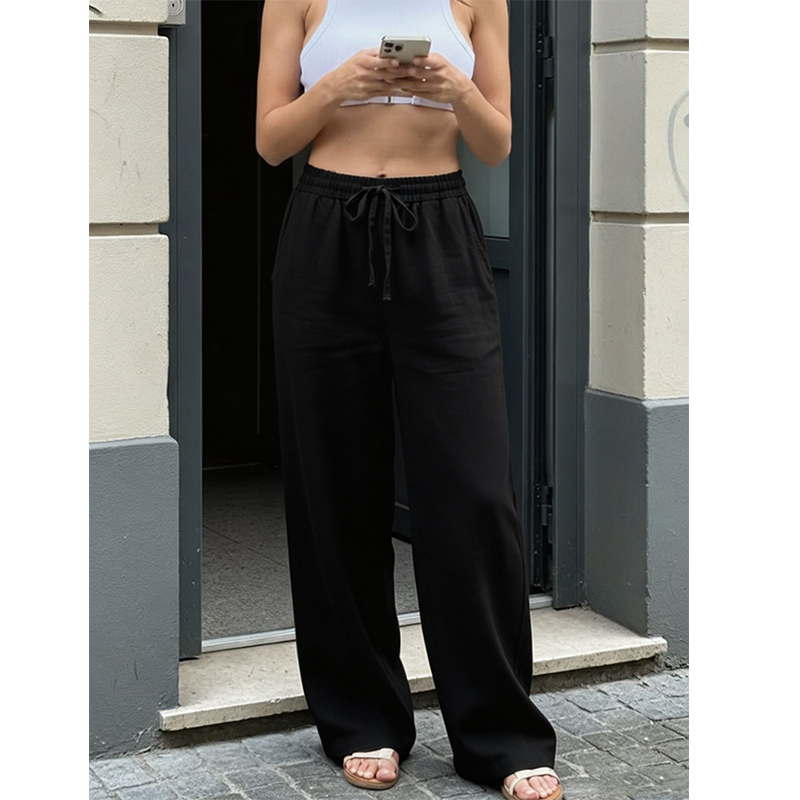 👖🌿 Avslappnade raka byxor med hög midja och fickor– Snygg Komfort för Varje Dag ✨