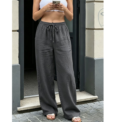 👖🌿 Avslappnade raka byxor med hög midja och fickor– Snygg Komfort för Varje Dag ✨