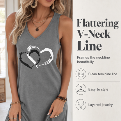 ❤️✨ Enfärgad V-ringad klänning med hjärtprint – enkel stil med feminin charm!💕