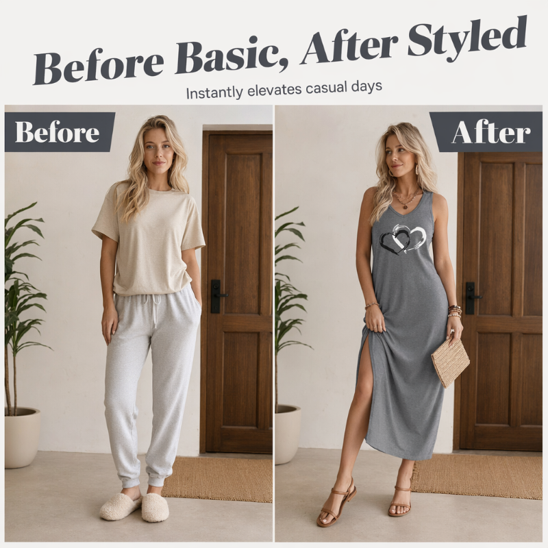❤️✨ Enfärgad V-ringad klänning med hjärtprint – enkel stil med feminin charm!💕