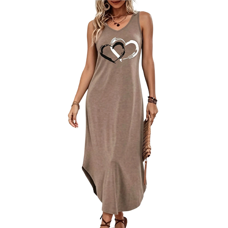 ❤️✨ Enfärgad V-ringad klänning med hjärtprint – enkel stil med feminin charm!💕