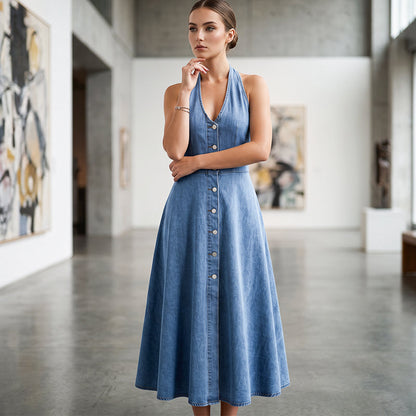 ☀️✨ Ärmlös denimklänning med V-ringning och bar rygg för damer – feminin, luftig & redo för semestern💙