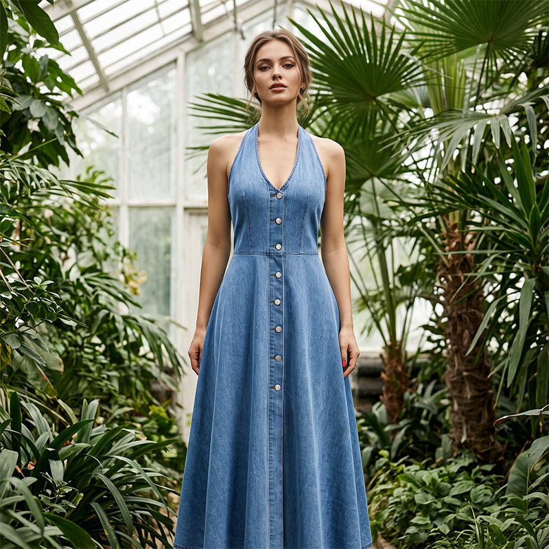 ☀️✨ Ärmlös denimklänning med V-ringning och bar rygg för damer – feminin, luftig & redo för semestern💙