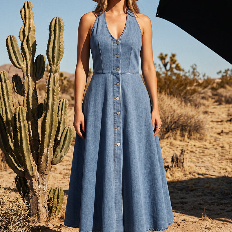 ☀️✨ Ärmlös denimklänning med V-ringning och bar rygg för damer – feminin, luftig & redo för semestern💙