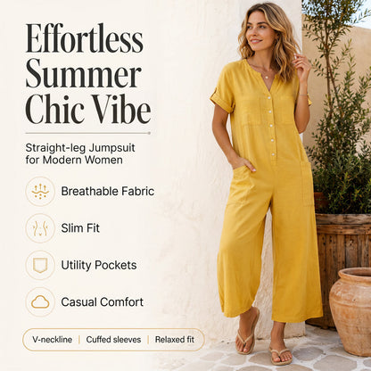 💛✨Jumpsuit för damer i ledig stil med korta ärmar och vida ben – Stilren komfort med vida ben & avslappnad passform