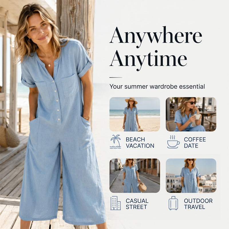 💛✨Jumpsuit för damer i ledig stil med korta ärmar och vida ben – Stilren komfort med vida ben & avslappnad passform