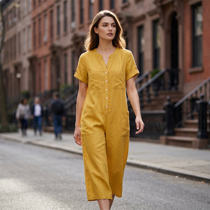 💛✨Jumpsuit för damer i ledig stil med korta ärmar och vida ben – Stilren komfort med vida ben & avslappnad passform