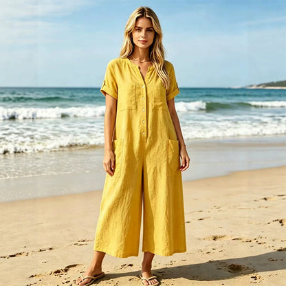 💛✨Jumpsuit för damer i ledig stil med korta ärmar och vida ben – Stilren komfort med vida ben & avslappnad passform
