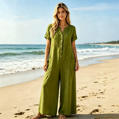 💛✨Jumpsuit för damer i ledig stil med korta ärmar och vida ben – Stilren komfort med vida ben & avslappnad passform