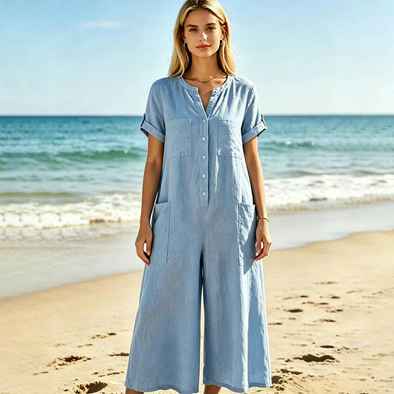 💛✨Jumpsuit för damer i ledig stil med korta ärmar och vida ben – Stilren komfort med vida ben & avslappnad passform