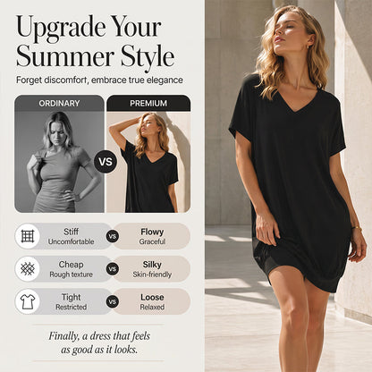 ☀️🌿 Klänning med V-ringning i avslappnad passform och T-shirtkomfort – perfekt för avslappnade utflykter✨