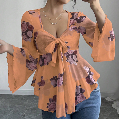 🔥Sommarens bästsäljare🔥🌸 Blus med blommönster och fyrkantig halsringning samt knytdetalj framtill
