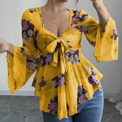 🔥Sommarens bästsäljare🔥🌸 Blus med blommönster och fyrkantig halsringning samt knytdetalj framtill