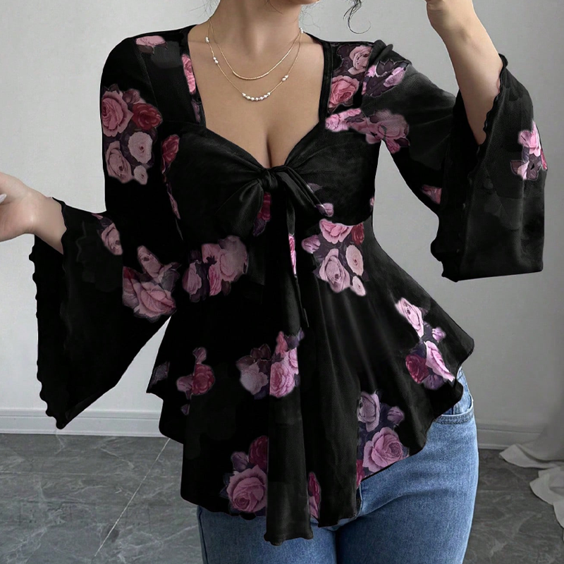 🔥Sommarens bästsäljare🔥🌸 Blus med blommönster och fyrkantig halsringning samt knytdetalj framtill