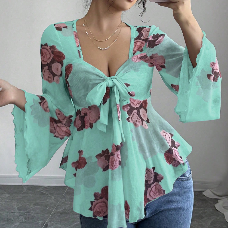🔥Sommarens bästsäljare🔥🌸 Blus med blommönster och fyrkantig halsringning samt knytdetalj framtill