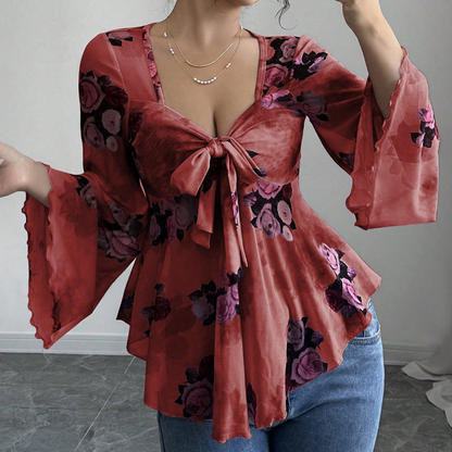 🔥Sommarens bästsäljare🔥🌸 Blus med blommönster och fyrkantig halsringning samt knytdetalj framtill