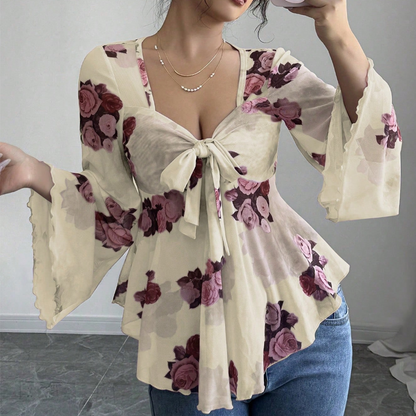 🔥Sommarens bästsäljare🔥🌸 Blus med blommönster och fyrkantig halsringning samt knytdetalj framtill