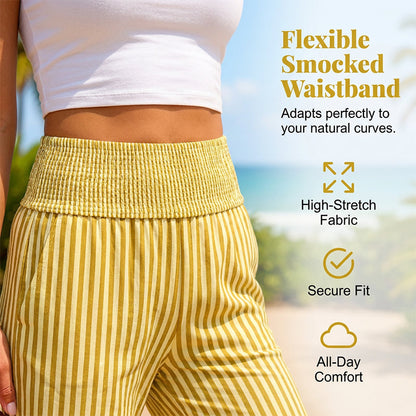 🌿✨Randiga vida byxor med perfekt passform – Randiga byxor i gingham med smockad midja för damer👖