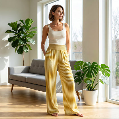 🌿✨Randiga vida byxor med perfekt passform – Randiga byxor i gingham med smockad midja för damer👖