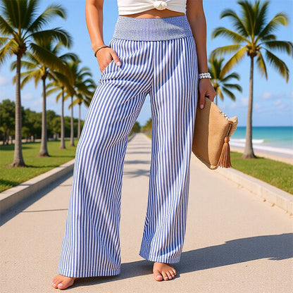 🌿✨Randiga vida byxor med perfekt passform – Randiga byxor i gingham med smockad midja för damer👖