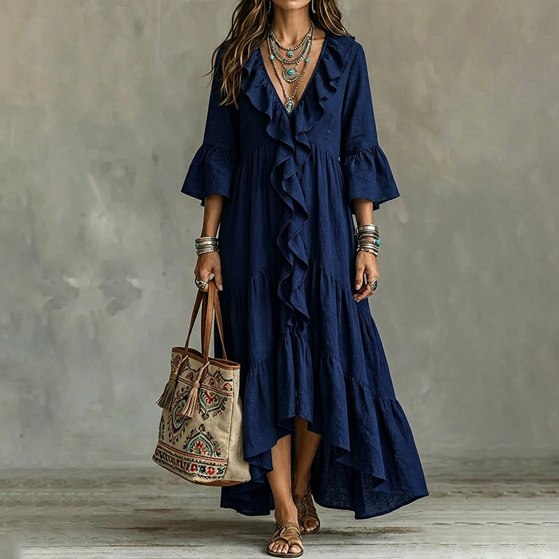 🔥Trend just nu⭐👗 V-halsklänning med volanger och klockärmar – tidlös retrostil för moderna kvinnor