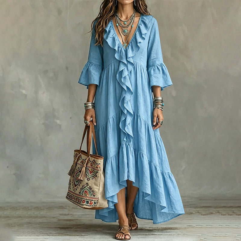 🔥Trend just nu⭐👗 V-halsklänning med volanger och klockärmar – tidlös retrostil för moderna kvinnor