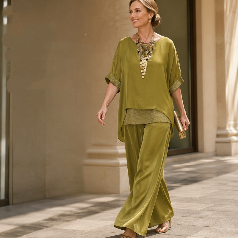 🔥Bästsäljare🔥  Lysande satin-set med vida byxor och lösa ärmar – mjukt fallande för en elegant silhuett