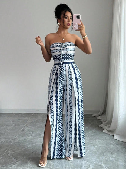 🎁New Arrival 50% OFF💥 Geometric Jumpsuit with Halter Neckline & Side Slit – Unique Print, Elegant Fit, Versatile Style ✨