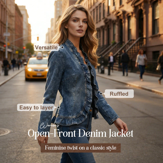 Giacca in denim da donna con volant e apertura frontale