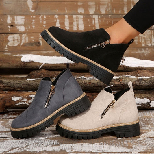 Women's Round-Toe Ankle Boots with Side Zipper