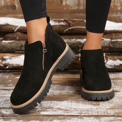 Women's Round-Toe Ankle Boots with Side Zipper