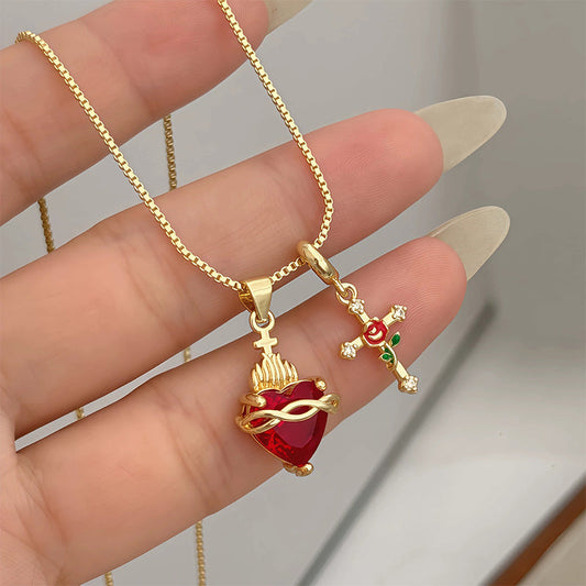 Sacred Heart & Rose Cross Pendant Necklace