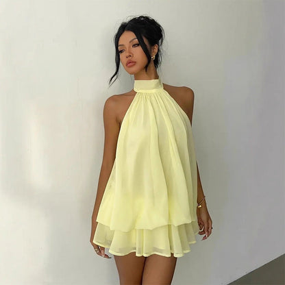 ☀️Mini abito da donna svolazzante con scollo all'americana e vita bassa.