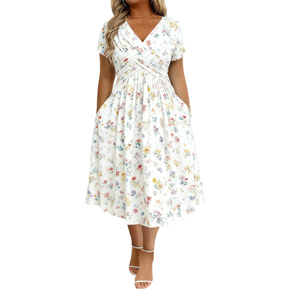 🌸Abito da donna con scollo a V, stampa floreale e vita arricciata✨ Eleganza Floreale, Femminilità Senza Tempo