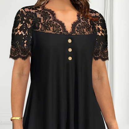 🌹Top da donna a maniche corte con scollo a V e inserti in pizzo– Stile Femminile e Raffinato per Ogni Occasione✨