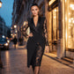 🥂Abito aderente da donna elegante con scollo a V e maniche in pizzo– Stile Raffinato per Occasioni Speciali