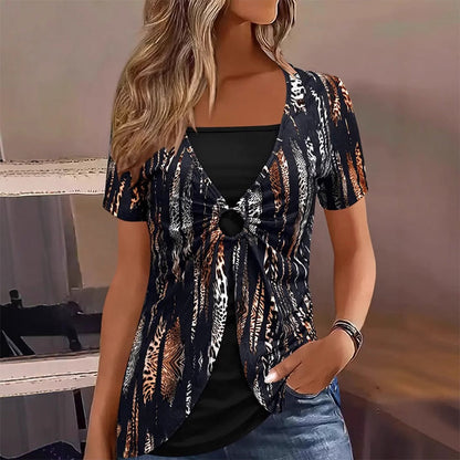 🐆✨ T-shirt da donna finto due pezzi con stampa leopardata e anello a O– Look Trendy e Raffinato Ogni Giorno