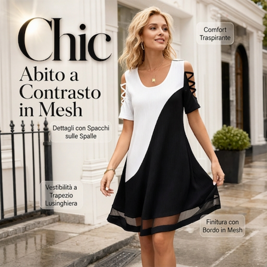 🌸Abito midi da donna a blocchi di colore con scollo a giro e orlo in rete – Stile Chic e Femminile