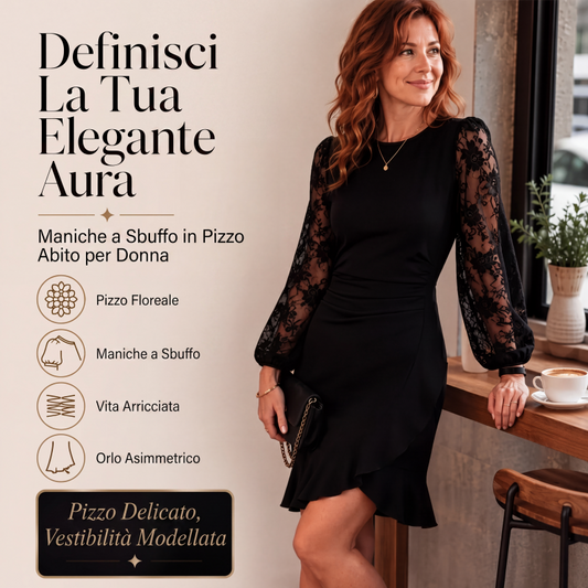 🌸Abito da donna aderente con maniche a palloncino in pizzo e arricciature– Look Femminile e Raffinato