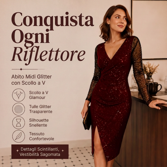 🌙Abito bodycon glitterato da donna con maniche in mesh– Look Glamour e Femminile per Occasioni Speciali