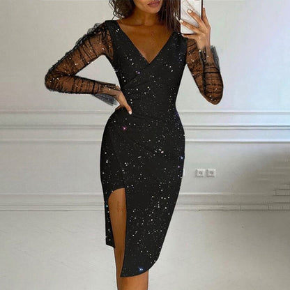 🌙Abito bodycon glitterato da donna con maniche in mesh– Look Glamour e Femminile per Occasioni Speciali