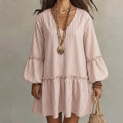 ✨Abito largo da donna a righe, scollo a V, maniche lunghe a lanterna– Stile Chic e Comfort Quotidiano