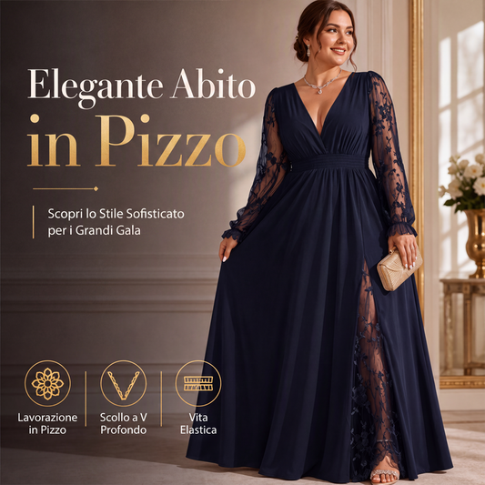 🌸Abito lungo da donna elegante con scollo a V e applicazioni in pizzo