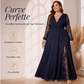 Abito lungo da donna elegante con scollo a V e applicazioni in pizzo